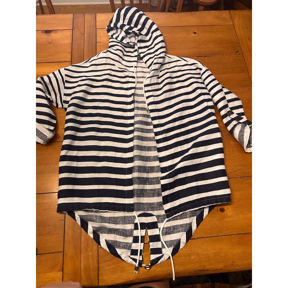 Charlie B Womens 100% Linen Striped Hooded Open Front Cardigan Navy White P/S - Picture 2 of 9